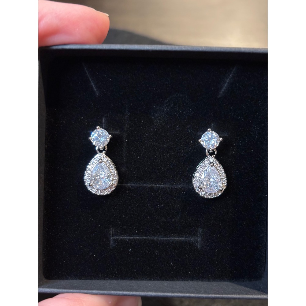 Silver Tone Cubic Zirconia Pear Teardrop Halo Drop Earrings Bridal Wedding